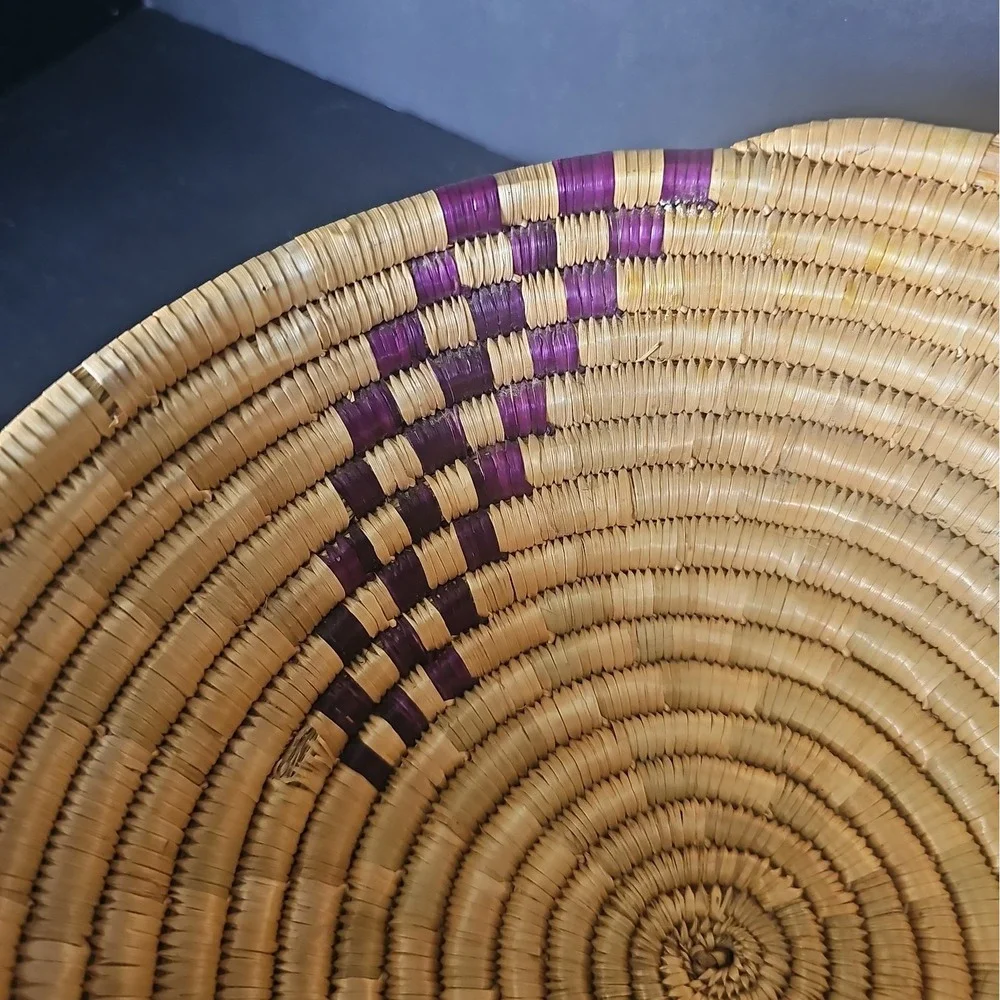 Hand Made Straw Coil Basket African or Native American- Purple Accent 9.5